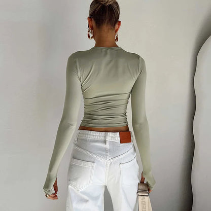Camiseta de moda para mujer, Top corto ajustado liso con cuello redondo y manga larga con agujeros para los pulgares para ropa de calle diaria, camisola de verano