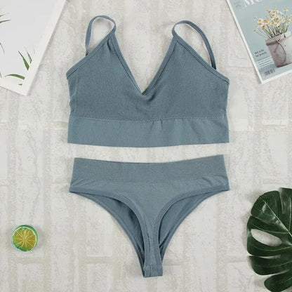 Conjunto de ropa interior de 2 piezas para mujer, bragas sexys, Bralette sin costuras, lencería femenina, Top corto sin mangas suave