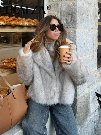 TRAFZA, chaqueta recortada de piel sintética a la moda para mujer, abrigo de manga larga con botón frontal a presión, prendas de vestir exteriores para mujer, abrigo grueso con cuello de solapa elegante