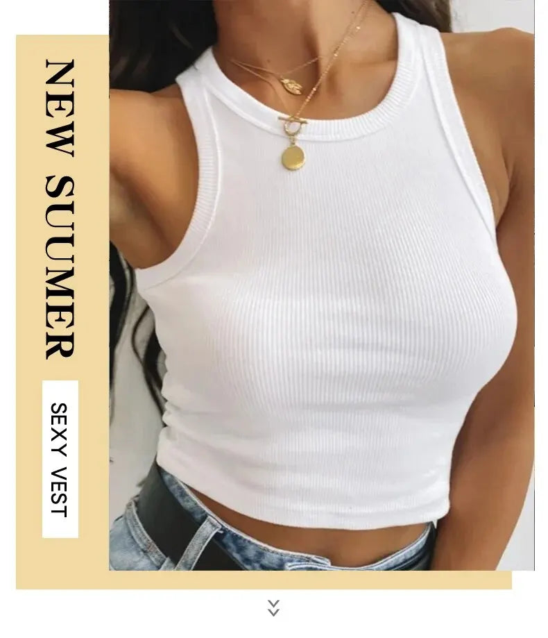 Camiseta sin mangas para mujer, chaleco deportivo informal de punto acanalado liso con hombros descubiertos y cuello redondo, camisola elástica básica
