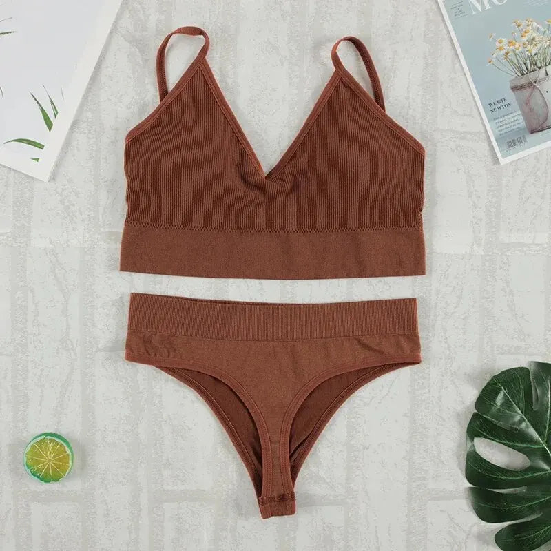 Conjunto de ropa interior de 2 piezas para mujer, bragas sexys, Bralette sin costuras, lencería femenina, Top corto sin mangas suave