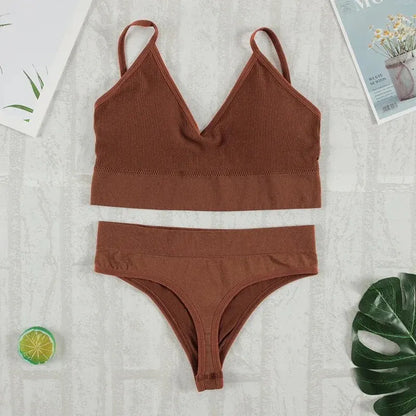 Conjunto de ropa interior de 2 piezas para mujer, bragas sexys, Bralette sin costuras, lencería femenina, Top corto sin mangas suave