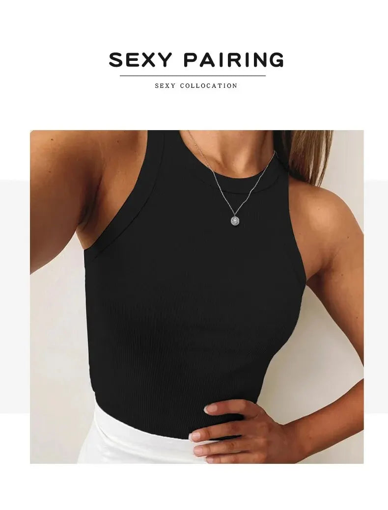 Camiseta sin mangas para mujer, chaleco deportivo informal de punto acanalado liso con hombros descubiertos y cuello redondo, camisola elástica básica