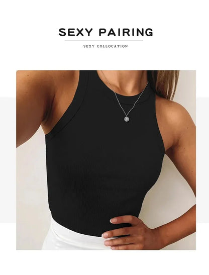 Camiseta sin mangas para mujer, chaleco deportivo informal de punto acanalado liso con hombros descubiertos y cuello redondo, camisola elástica básica