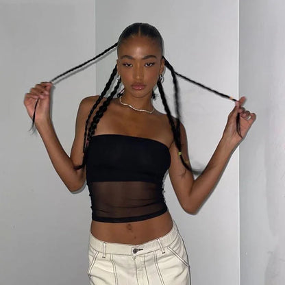 Top corto negro con corsé de malla para mujer, Top de tubo de retazos, camisola Sexy sin mangas con hombros descubiertos, ropa de calle de verano, camisetas sin mangas ajustadas sin tirantes