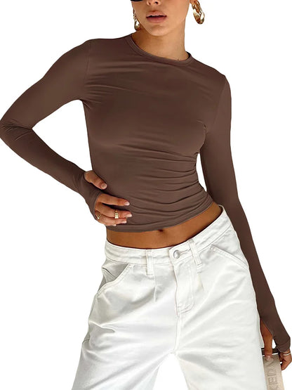 Camiseta de moda para mujer, Top corto ajustado liso con cuello redondo y manga larga con agujeros para los pulgares para ropa de calle diaria, camisola de verano