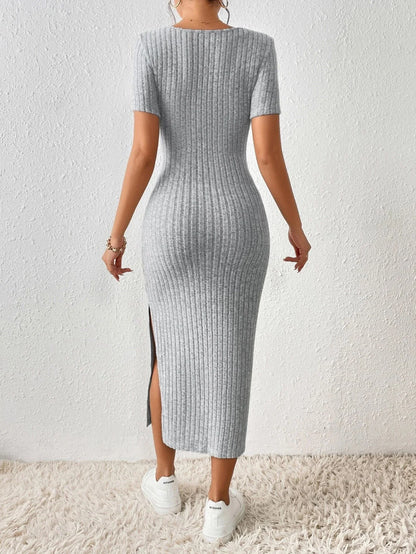Vestido de punto estilo Primavera Verano para mujer, pantalón corto informal de manga con cuello cuadrado y abertura lateral