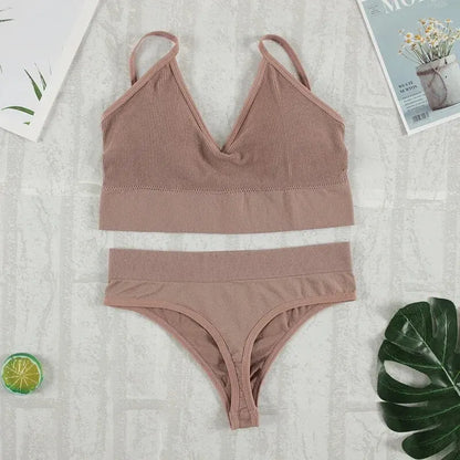 Conjunto de ropa interior de 2 piezas para mujer, bragas sexys, Bralette sin costuras, lencería femenina, Top corto sin mangas suave