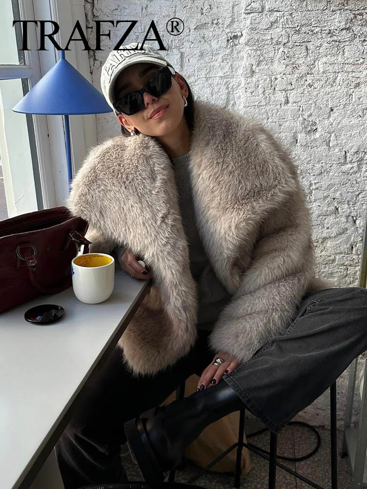 TRAFZA, chaqueta recortada de piel sintética a la moda para mujer, abrigo de manga larga con botón frontal a presión, prendas de vestir exteriores para mujer, abrigo grueso con cuello de solapa elegante