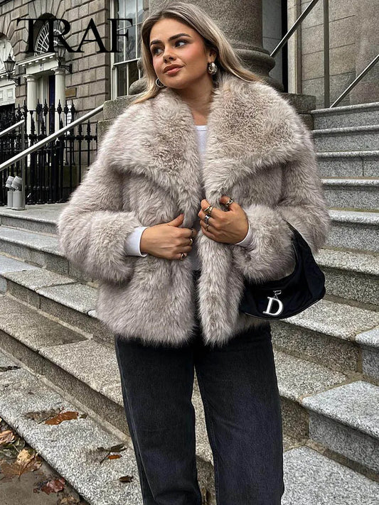 TRAFZA, chaqueta recortada de piel sintética a la moda para mujer, abrigo de manga larga con botón frontal a presión, prendas de vestir exteriores para mujer, abrigo grueso con cuello de solapa elegante