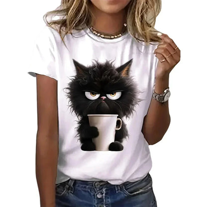 Camiseta con estampado blanco de gato divertido para mujer, pantalón corto informal de manga corta con cuello redondo para verano, ropa de animales para mujer