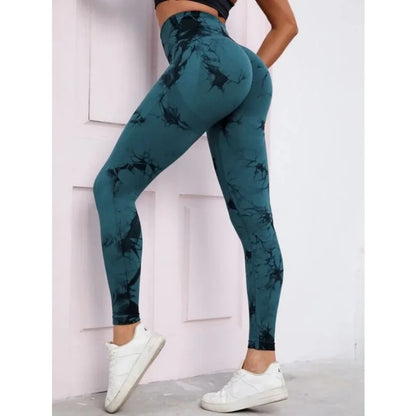 Mallas de cintura alta sin costuras para mujer, mallas teñidas con lazo, pantalones deportivos para Fitness, correr, Yoga, levantamiento de cadera, medias de punto elásticas