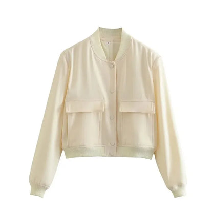 1 Uds. Chaqueta Bomber para mujer, abrigo blanco con botones para otoño e invierno, chaquetas recortadas de aviador de béisbol para mujer, prendas de vestir exteriores cortas de manga larga