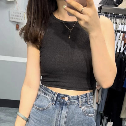 Camiseta sin mangas para mujer, chaleco deportivo informal de punto acanalado liso con hombros descubiertos y cuello redondo, camisola elástica básica