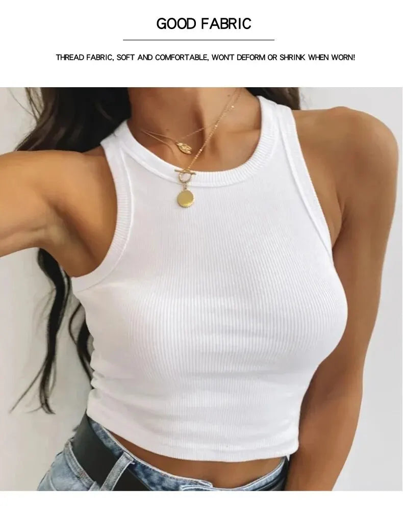 Camiseta sin mangas para mujer, chaleco deportivo informal de punto acanalado liso con hombros descubiertos y cuello redondo, camisola elástica básica