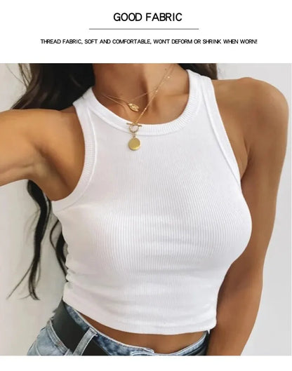 Camiseta sin mangas para mujer, chaleco deportivo informal de punto acanalado liso con hombros descubiertos y cuello redondo, camisola elástica básica