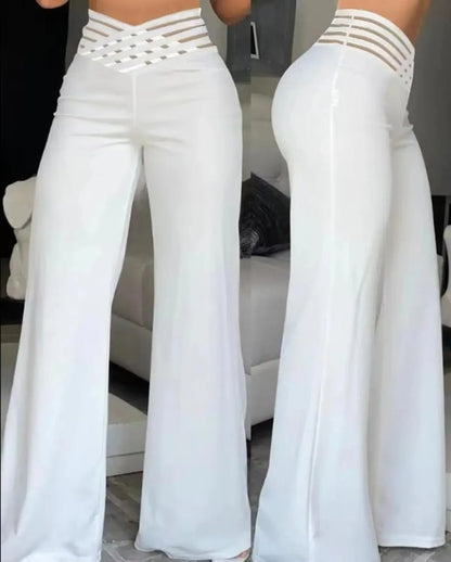 Pantalones acampanados de pierna ancha para mujer, pantalón informal entrecruzado con parche de malla transparente, pantalones de cintura alta, ropa de calle Y2k, pantalón de trabajo elegante, otoño