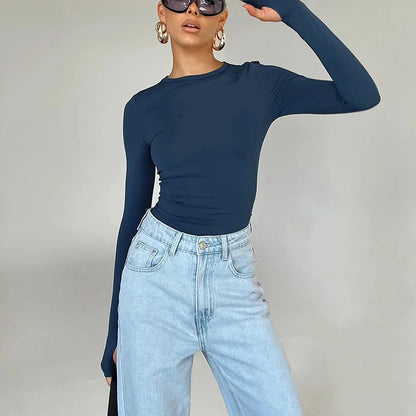 Camiseta de moda para mujer, Top corto ajustado liso con cuello redondo y manga larga con agujeros para los pulgares para ropa de calle diaria, camisola de verano
