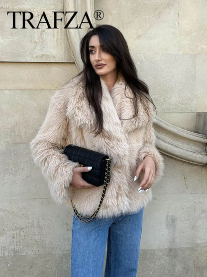 TRAFZA, chaqueta recortada de piel sintética a la moda para mujer, abrigo de manga larga con botón frontal a presión, prendas de vestir exteriores para mujer, abrigo grueso con cuello de solapa elegante