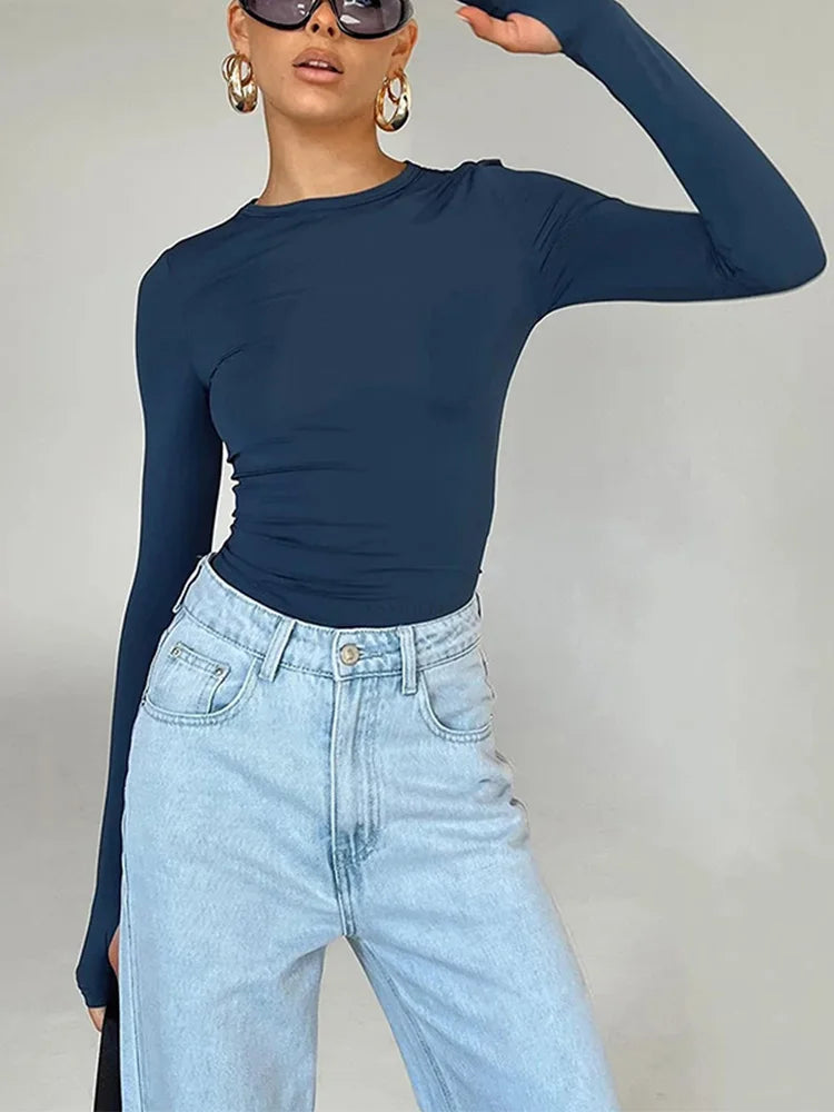 Camiseta de moda para mujer, Top corto ajustado liso con cuello redondo y manga larga con agujeros para los pulgares para ropa de calle diaria, camisola de verano