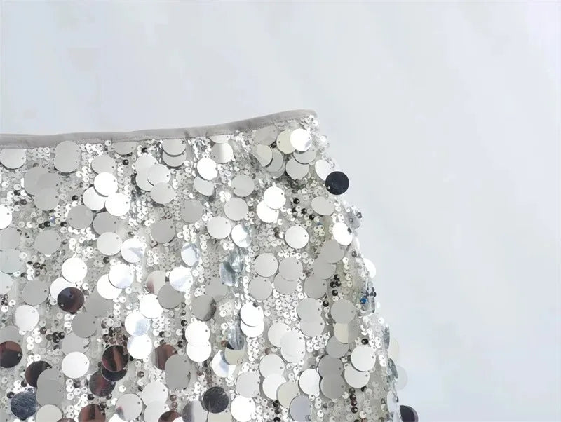 Falda de lentejuelas plateadas para mujer, minifalda de cintura alta, faldas cortas elegantes con purpurina brillante a la moda para mujer, faldas Y2k